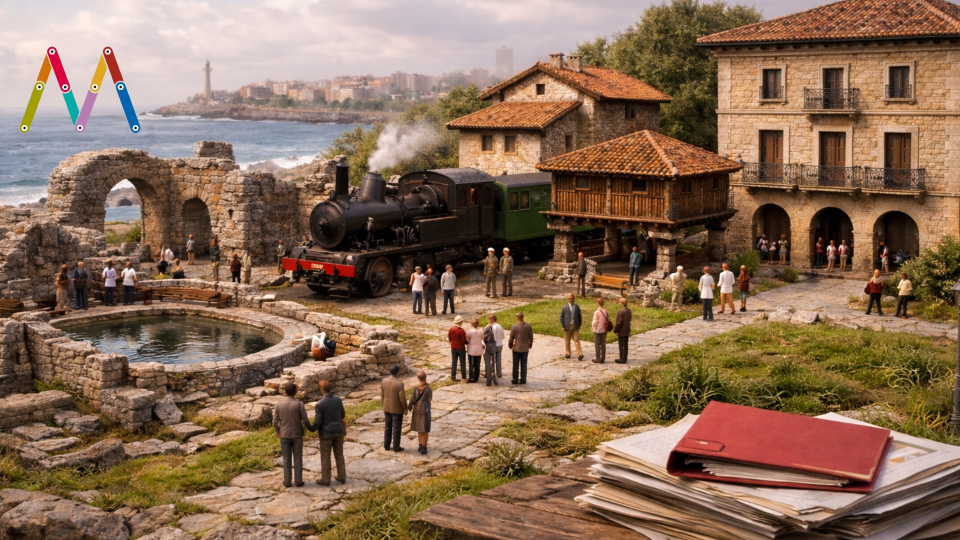 Diorama en 3D con figuritas miniatura inspirado en los museos municipales de Gijón, con referencias a las Termas Romanas, el Museo del Ferrocarril y el Muséu del Pueblu d’Asturies