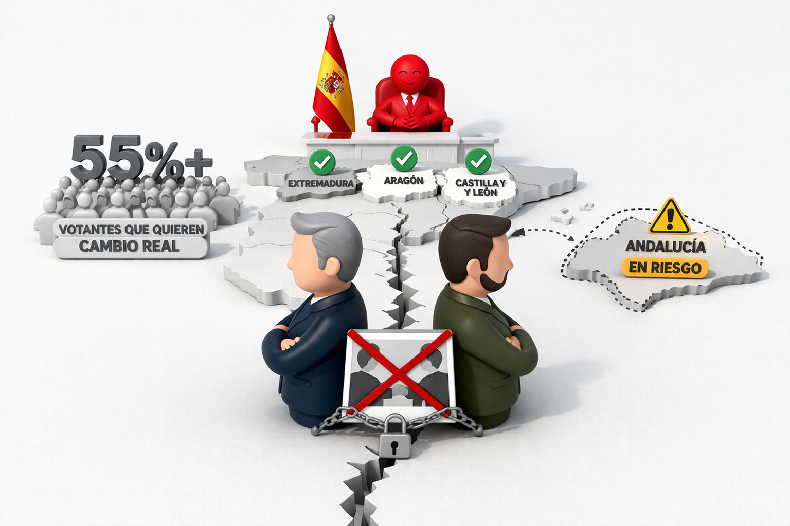 Dos líderes políticos de espaldas y con brazos cruzados sobre un mapa de España, bloqueando un acuerdo con candado, mientras una figura roja gobierna cómodamente al fondo con la bandera española