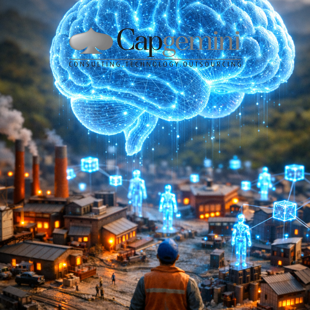 Trabajador contempla cómo figuras holográficas de IA sustituyen empleos en un valle industrial, bajo un cerebro digital azul flotante