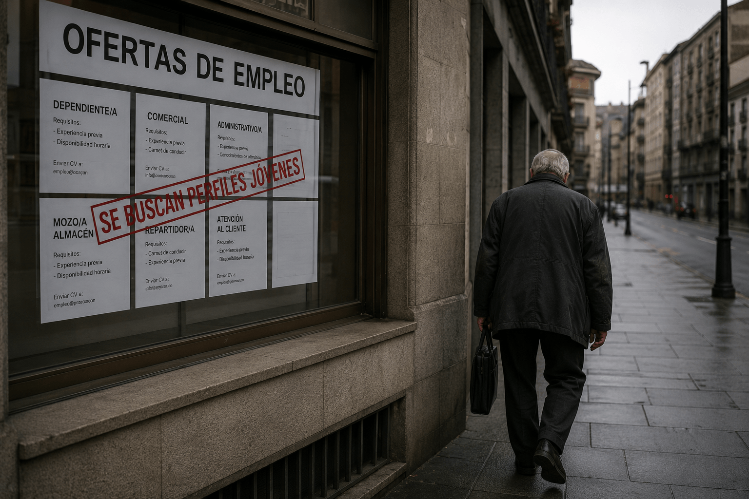 Hombre mayor caminando frente a ofertas de empleo en una ciudad asturiana, representando las dificultades de acceso al mercado laboral para trabajadores de más de 60 años en Asturias.