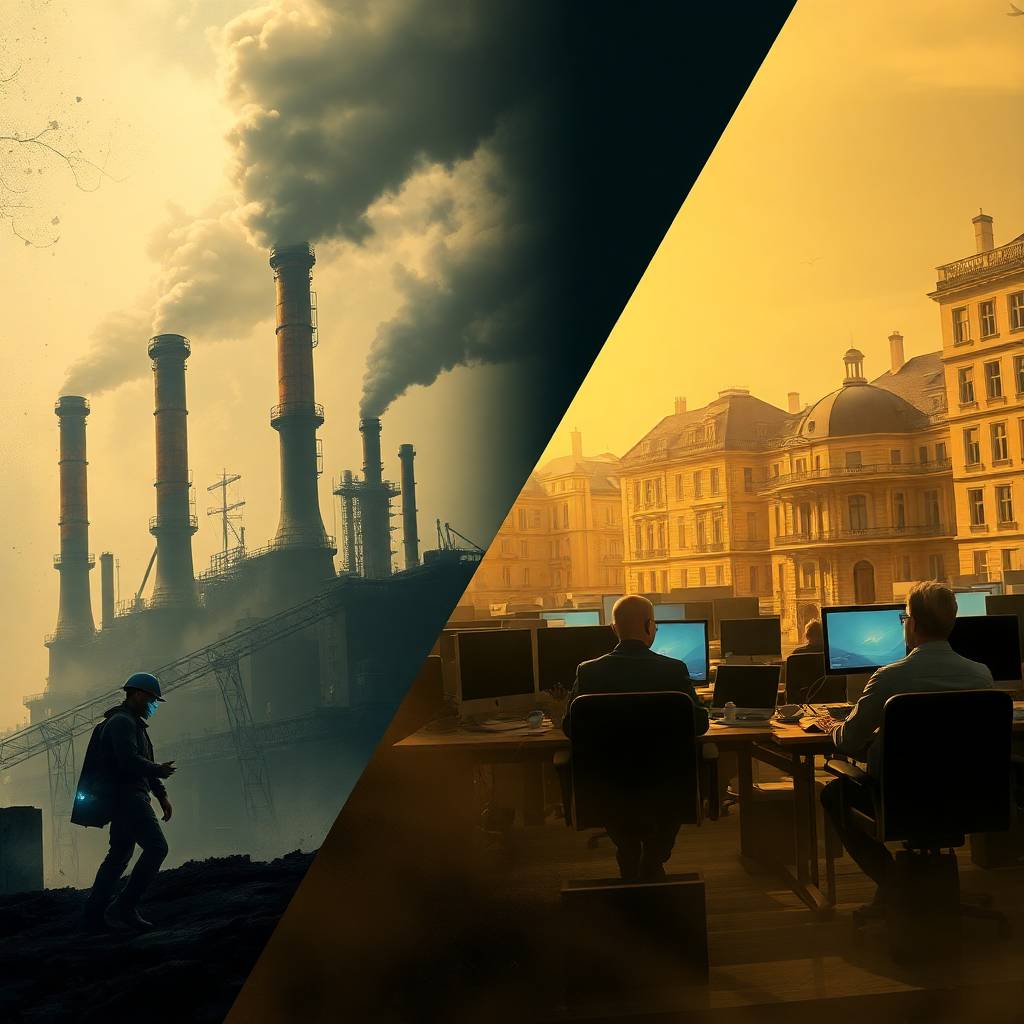 Imagen conceptual que muestra la transición de Asturias desde la industria pesada y la siderurgia hacia una economía basada en servicios, tecnología y trabajo de oficina.