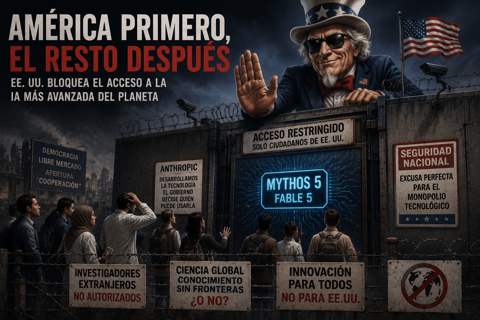 «América primero, el resto después»: el Tío Sam frena con la mano el acceso de investigadores extranjeros a los modelos Mythos 5 y Fable 5 tras un muro de alambre de espino.