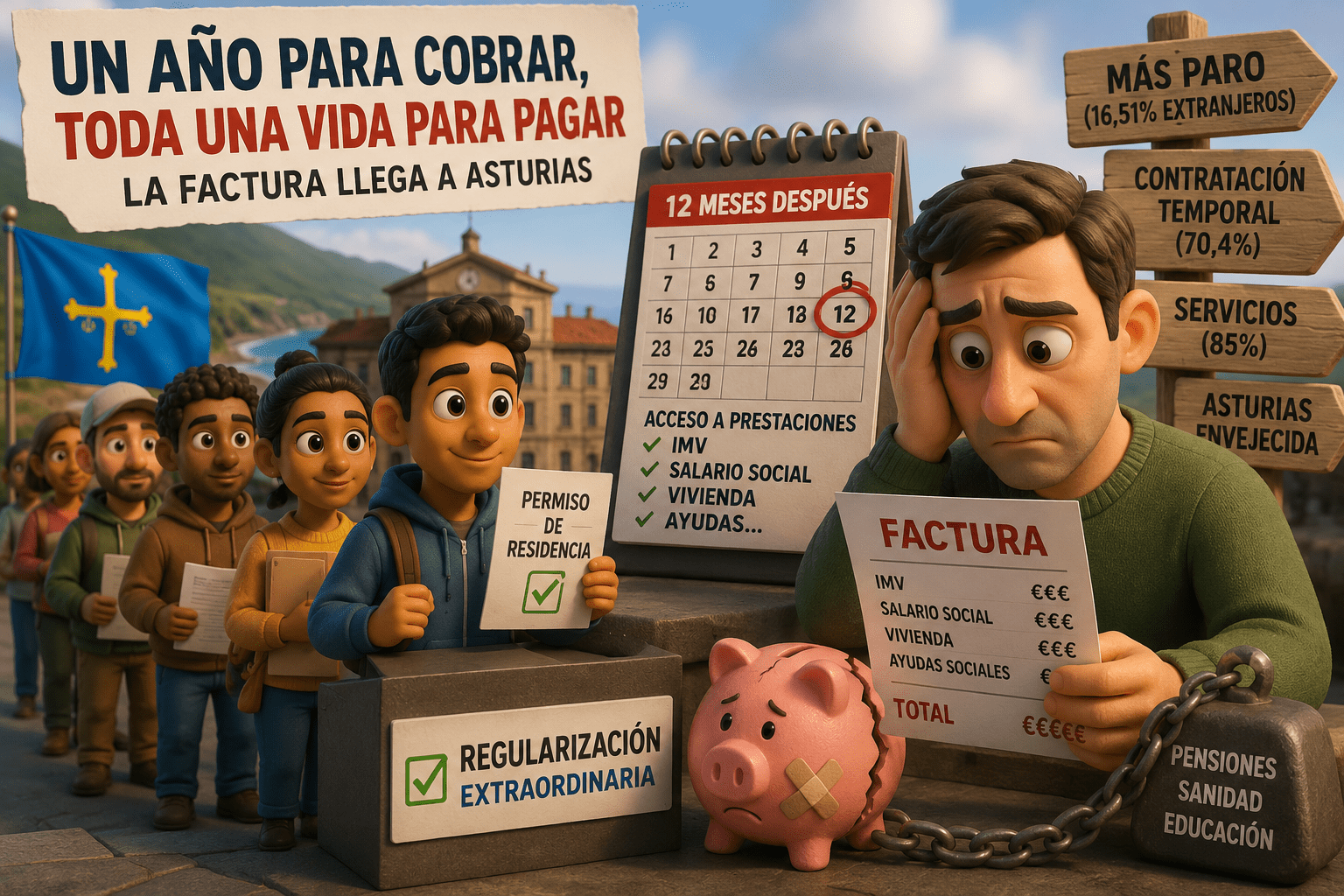Ilustración 3D sobre la regularización extraordinaria en Asturias con inmigrantes, calendario de acceso a prestaciones sociales y un contribuyente preocupado por el coste del Estado del bienestar.