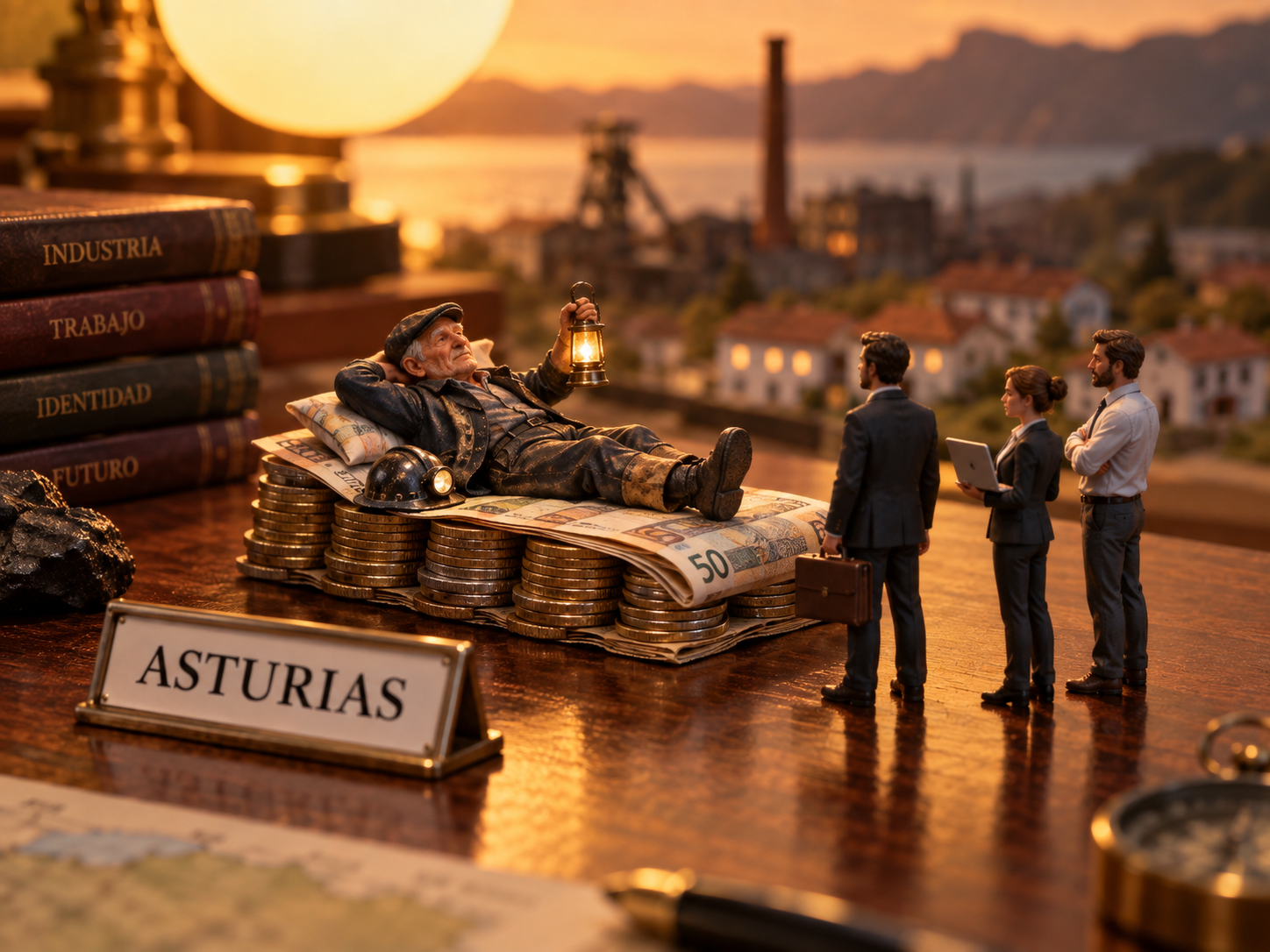 Minero jubilado en miniatura descansando sobre un colchón de monedas y billetes junto a tres jóvenes profesionales