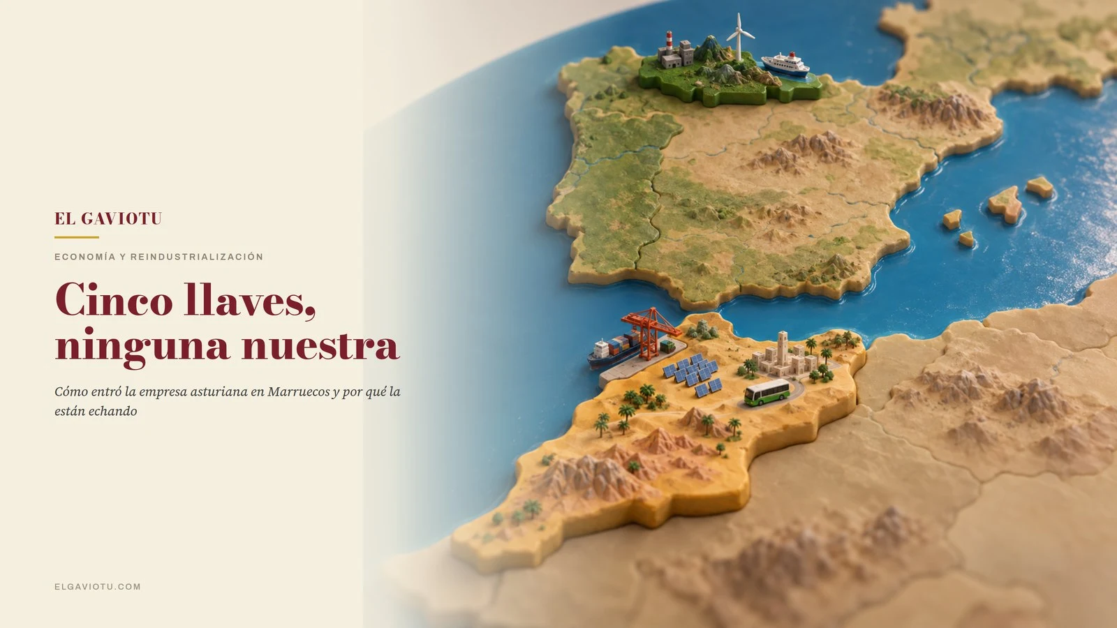 Diorama en miniatura de la Península Ibérica y el noroeste de África con Asturias y Marruecos destacadas en relieve