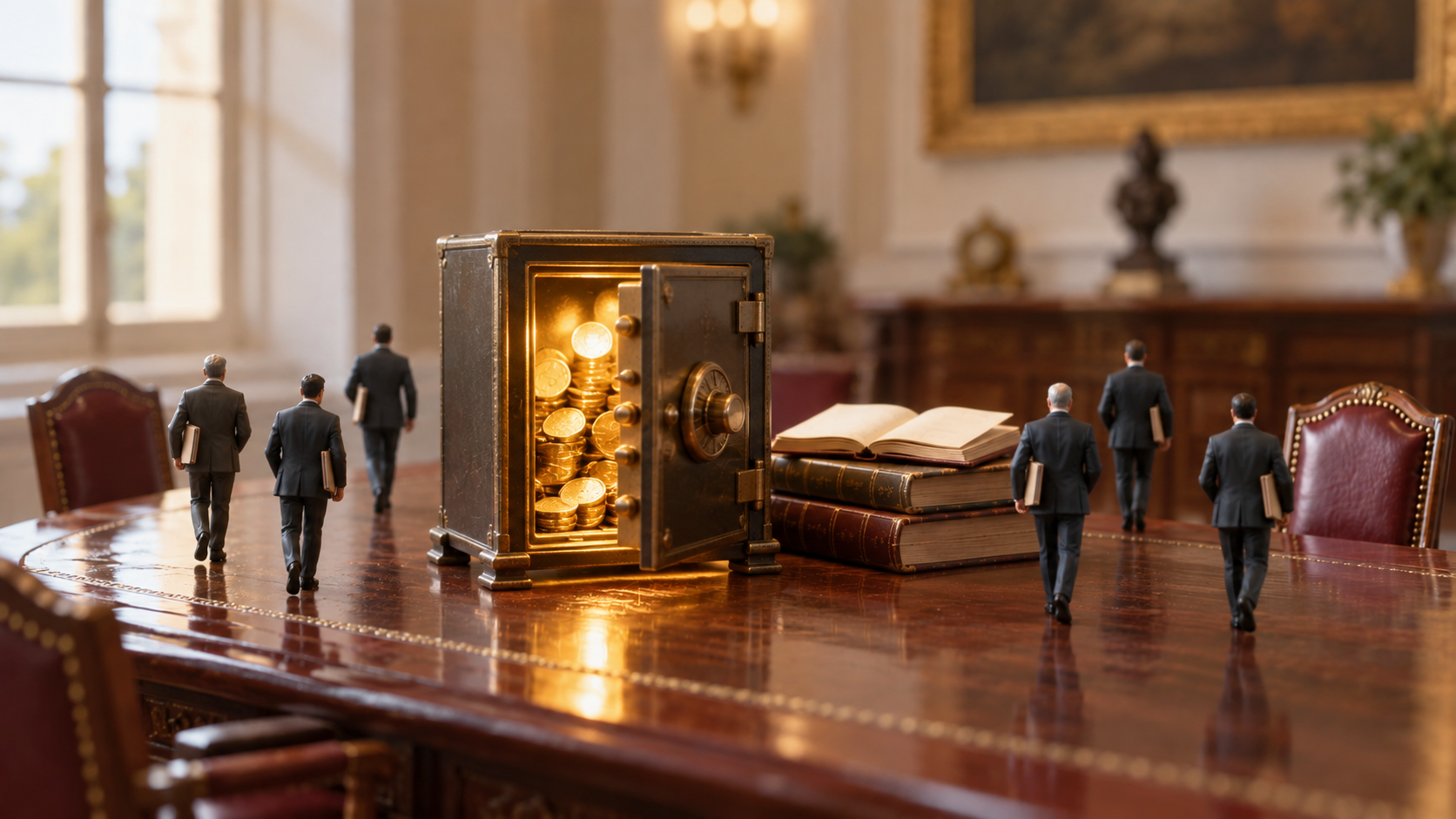 Diorama en miniatura sobre una mesa de consejo, con una caja fuerte abierta llena de monedas de oro y seis figuras trajeadas que se alejan de espaldas con carpetas bajo el brazo, junto a un libro de cuentas abierto.