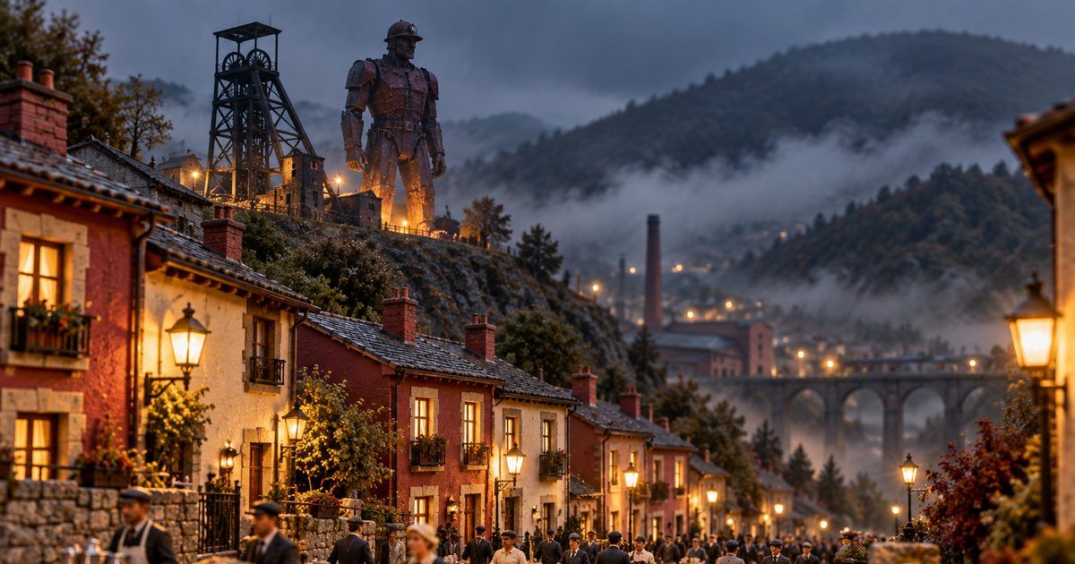 Ilustración del rezago del salario asturiano, un coloso industrial apagado sobre la cuenca minera mientras abajo trabajan los servicios